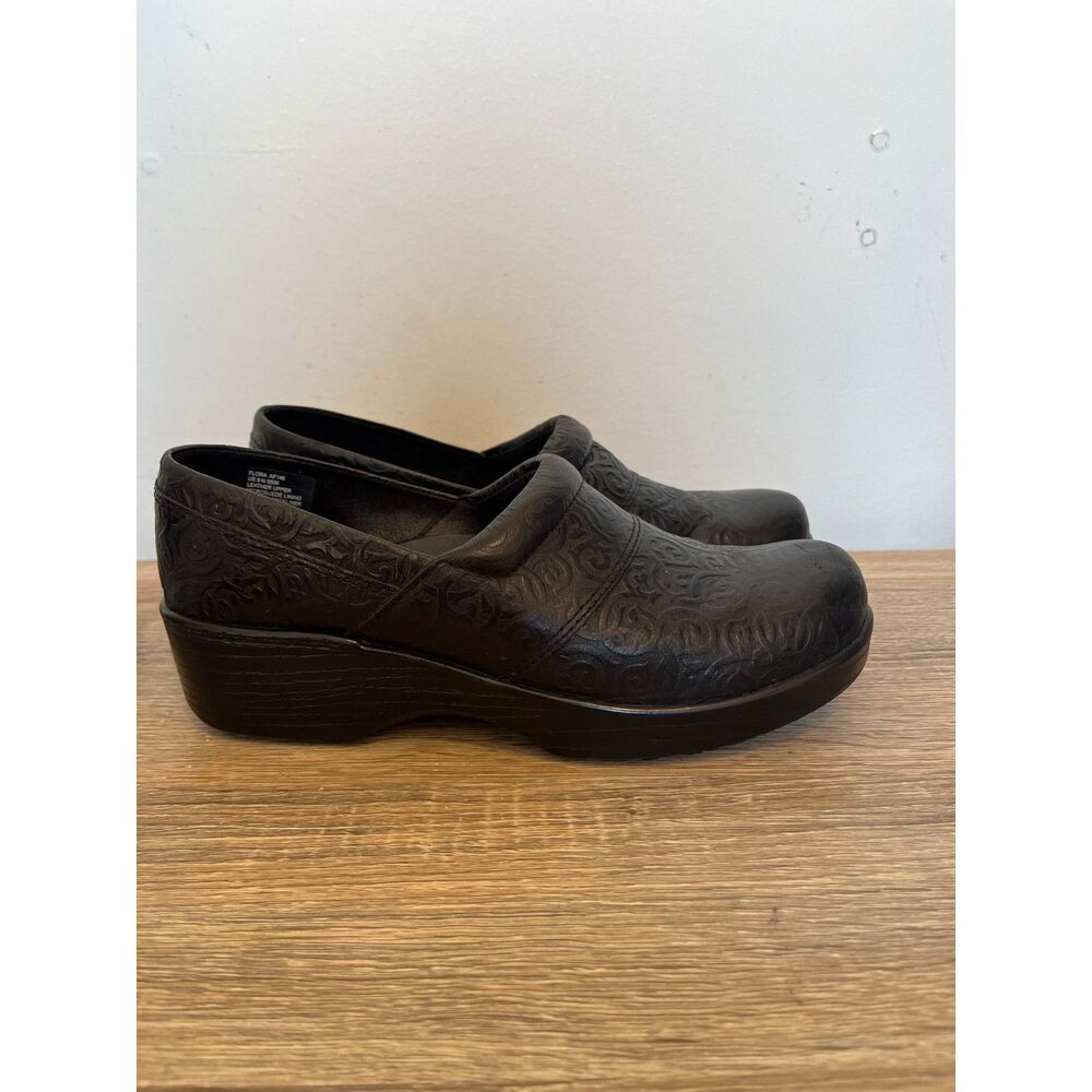 Abeo Bio System Womens Size 9 Shoes Black‎ Leather Floral Print Nursing Clogs
